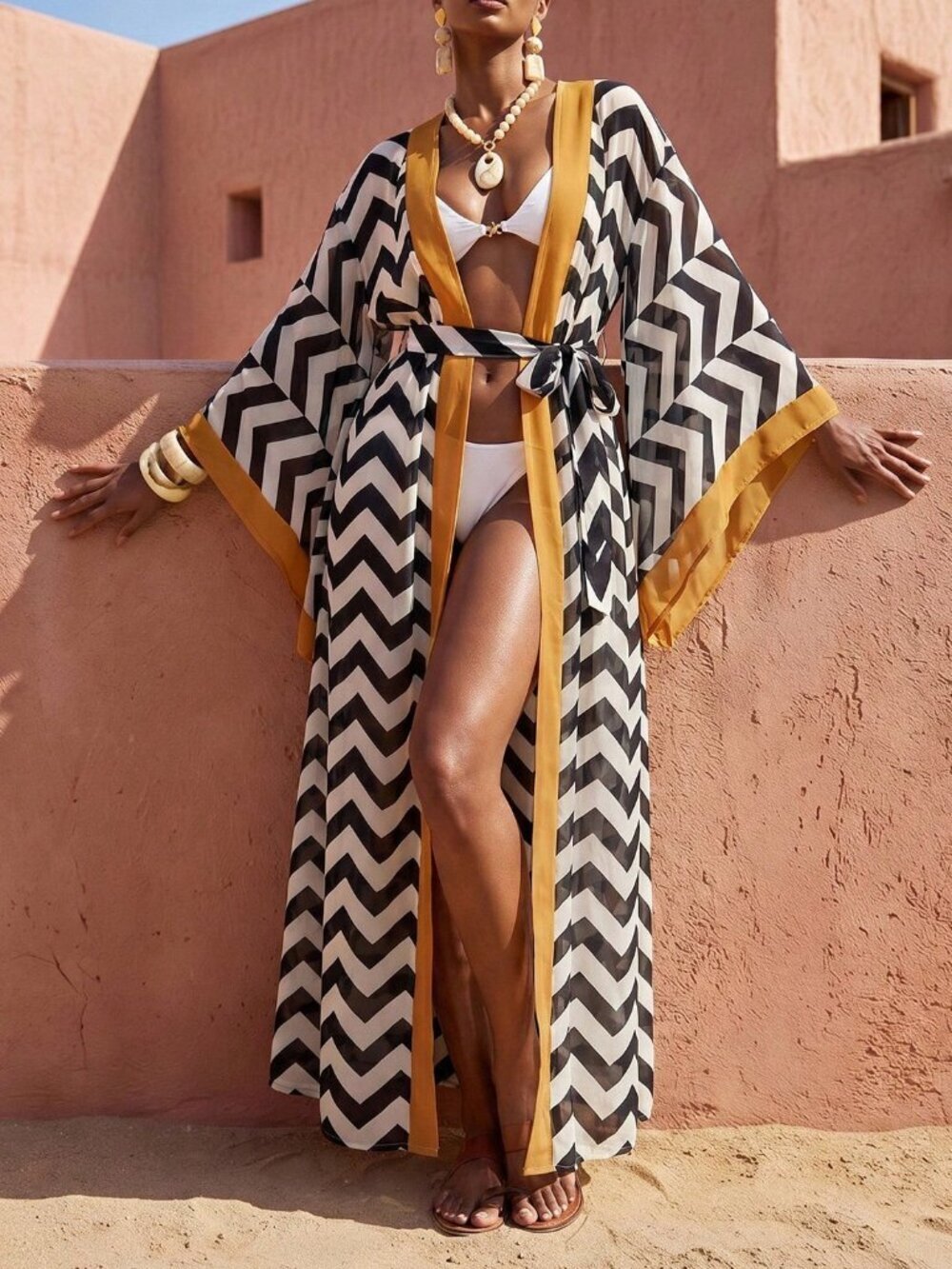 Brown Women's Vacation Casual Semi-Sheer Chiffon Striped Print Cover Up